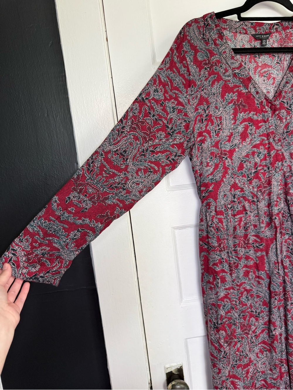Lucky Brand Red & Grey Paisley Boho-Chic V-Neck Long-Sleeve Maxi Dress 70’s L - Picture 8 of 16